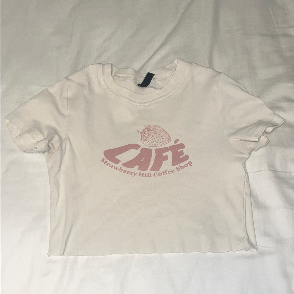H&M Cream Crop Top with Pink Café Print